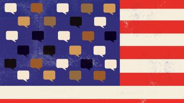 Illustration of US flag using numerous speech bubbles instead of stars to represent diverse voices and opinions.