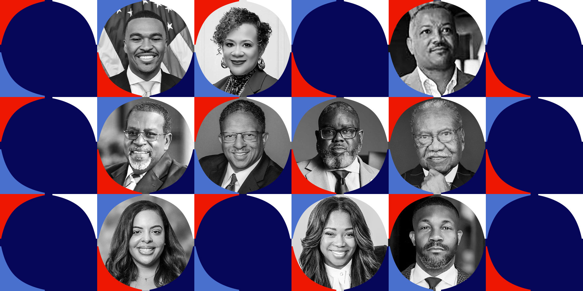 Collage of grayscale portraits framed in vibrant colored.